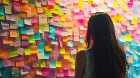 A woman stands before a vibrant wall of sticky notes, reflecting on her thoughts and ideas. The colorful notes symbolize creativity and brainstorming in an inspiring workspace.の素材