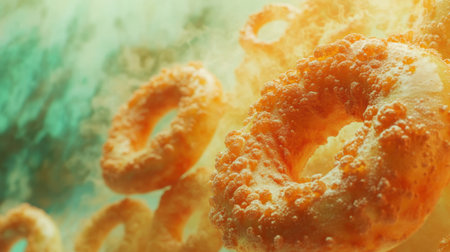 Explore a vibrant underwater scene featuring orange rings surrounded by bubbles, creating a serene and artistic atmosphere with soft textures and vivid colors.の素材