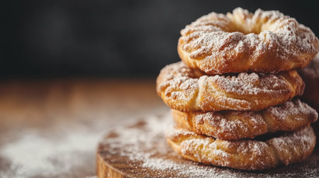 Stacked sweet pastries dusted with powdered sugar on a rustic wooden board. Ideal for food lovers seeking delicious and captivating dessert imagery.の素材