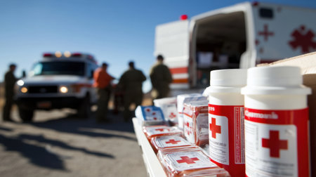 An emergency medical scene showing supplies near an ambulance. Medical professionals provide assistance and help in an outdoor setting, emphasizing urgent care.の素材