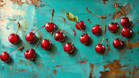 A captivating arrangement of fresh red cherries against a vibrant teal background, highlighting their natural beauty and texture in a rustic style.の素材
