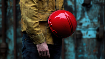 A worker in a yellow jacket holds a red hard hat, symbolizing safety and readiness in an industrial setting. The weathered background enhances the labor theme.の素材