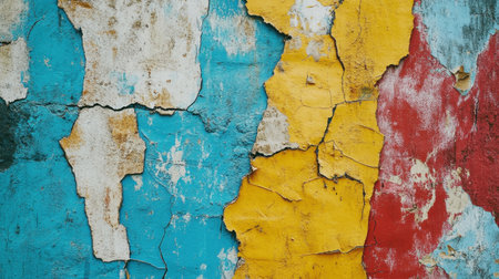 Close-up of a colorful wall featuring cracked and peeling paint in vibrant blue, red, and yellow shades, showcasing an abstract and aged texture.の素材