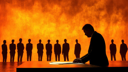 A businessman silhouette stands at a desk with a fiery orange background, creating a dramatic scene that evokes themes of decision-making and tension in the corporate world.の素材