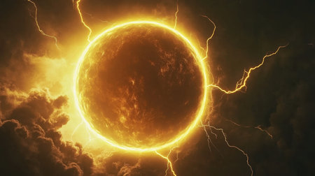 A stunning representation of a glowing sun surrounded by dark clouds and striking lightning, creating a dramatic and mystical atmosphere. Perfect for depicting energy and natural phenomena.の素材