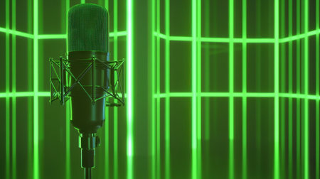A sleek green microphone stands prominently in a modern studio with a vibrant glowing backdrop, perfect for showcasing audio and music production themes.の素材