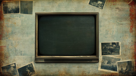 A vintage television frame set against a rustic background filled with retro photographs. Perfect for evoking nostalgia and showcasing creativity.の素材