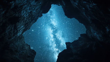 A stunning view of the Milky Way galaxy as seen through a cave opening at night. The scene captures a serene atmosphere with twinkling stars and unique rock formations.の素材