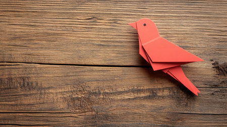 This image features a vibrant red paper bird made of origami, placed on a rustic wooden surface. Ideal for design and art projects, it symbolizes creativity and simplicity.の素材