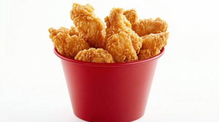 A vibrant red bucket filled with crispy fried chicken pieces, perfect for satisfying cravings. Ideal for meals, snacks, or gatherings.の素材