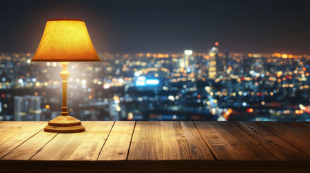 This elegant lamp casts a warm glow over a wooden table, creating a cozy ambiance against a breathtaking city skyline at night, ideal for decorative and lifestyle themes.の素材