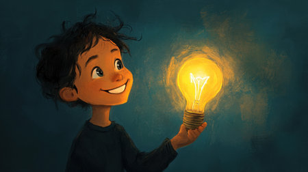 A cheerful child holding a glowing light bulb, symbolizing creativity and imagination. The warm light brings a sense of joy and inspiration.の素材