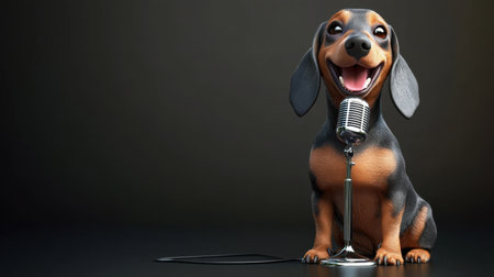A cheerful cartoon dog stands at a microphone, exuding joy and playfulness. Ideal for showcasing entertainment, performance, and fun themes.の素材