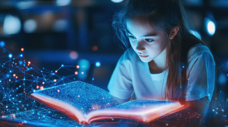 A young girl immersed in reading a glowing book, blending imagination and technology. A captivating scene that inspires creativity and wonder.の素材