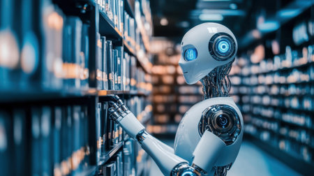 A humanoid robot interacts with books in a modern library, showcasing the intersection of technology and education. This image symbolizes the future of learning and automation.の素材