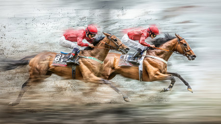 Capture the thrill of a horse race with impressive motion blur, showcasing the speed and excitement of this dynamic sport in action.の素材