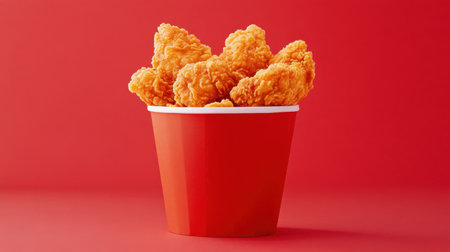 A vibrant red bucket filled with crispy fried chicken against a bold background. Perfect for food lovers, restaurants, or meal promotion.の素材