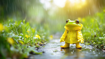 A charming green frog wearing a bright yellow raincoat stands on a wet path during a rainy day, surrounded by lush grass and flowers. Perfect for cheerful themes.の素材