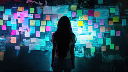 A silhouette of a person stands in front of a vibrant display of colorful sticky notes. The illuminated wall creates an intriguing atmosphere for contemplation and creativity.の素材