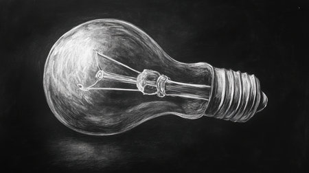 This vintage light bulb illustration on a chalkboard background captures creativity and inspiration with its simple yet striking design. Perfect for art and education.の素材