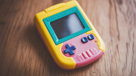 A bright and colorful handheld game console resting on a wooden surface. This nostalgic piece evokes childhood memories of gaming and retro entertainment.の素材