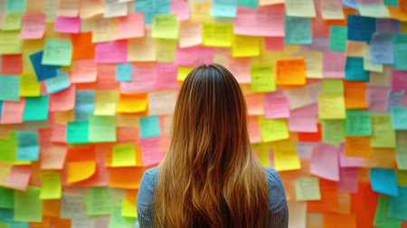 A woman stands before a vibrant wall of colorful sticky notes. This scene captures the essence of creativity, brainstorming, and organization, inspiring innovative thoughts.の素材