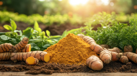 Vibrant turmeric roots and bright yellow powder laid on a wooden table, surrounded by fresh greenery, showcasing the natural essence of this nutritious spice.の素材