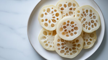 Freshly sliced lotus root displayed on a white plate, showcasing its unique texture and natural beauty. Perfect for healthy dishes in Asian cuisine.の素材