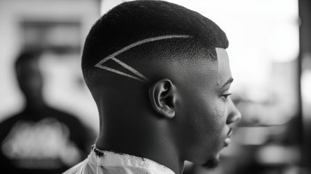 A close-up of a man's stylish haircut showcasing unique design elements in a barbershop setting. The image captures the artistry of modern grooming and fashion.の素材