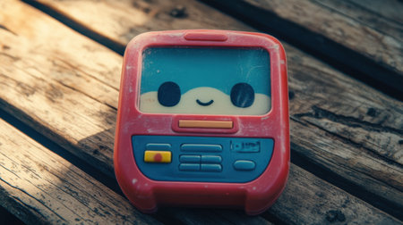 This charming retro toy features a smiling character, set on a rustic wooden surface. Perfect for evoking nostalgia and childhood joy.の素材