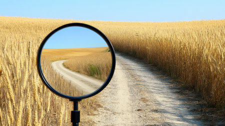 A tranquil view of a winding pathway through golden wheat fields under a clear blue sky, offering a serene and picturesque landscape for outdoor exploration.の素材