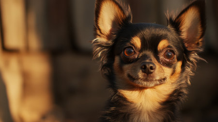 A cheerful Chihuahua with bright eyes and a charming expression, captured in warm natural light. This small dog radiates friendliness and joy.の素材