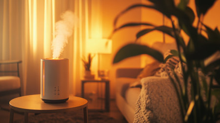 A serene living room scene featuring an aromatherapy diffuser emitting steam, creating a cozy atmosphere. Perfect for relaxation and wellness.の素材