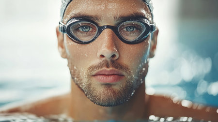 A close-up portrait of a male swimmer showing intense focus while preparing for a competition. Water droplets and goggles enhance the athletic aesthetic.の素材