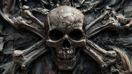 This striking image features a skull and crossbones sculpture against a dark textured backdrop, evoking a sense of mystery and danger.の素材