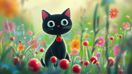 A charming illustration of a cute black cat surrounded by vibrant flowers in a colorful garden, radiating joy and whimsical beauty in nature.の素材
