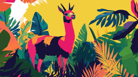 A vibrant illustration of a llama surrounded by lush tropical foliage. The bright colors and playful design create a cheerful and exotic atmosphere.の素材