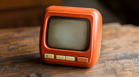 A charming vintage orange television sits on a wooden surface, evoking nostalgia and simplicity. This retro piece adds character to any room decor or collection.の素材