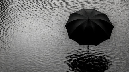 A striking image of a black umbrella resting on calm water, creating soft ripples. The minimalistic composition evokes feelings of serenity and solitude.の素材