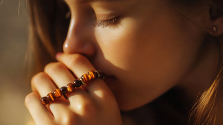 A beautiful close-up of a woman's hand adorned with colorful jewelry, showcasing elegance and tranquility. The soft light enhances the serene atmosphere.の素材