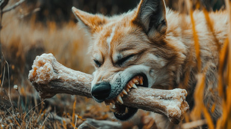 A playful dog happily chewing on a large bone in a natural outdoor setting. The scene captures the joy and energy of a pet enjoying its chew toy in the sun.の素材