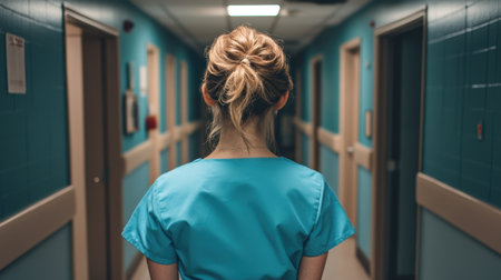 A nurse walks through a hospital corridor, illustrating dedication and professionalism in the healthcare environment. The vivid blue walls enhance the calm atmosphere.の素材