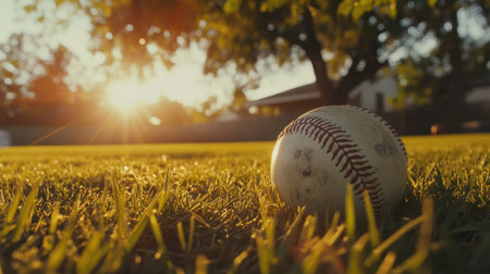 A serene scene featuring a baseball resting on lush green grass during golden hour, capturing the beauty of outdoor play and the warmth of summer evenings.の素材