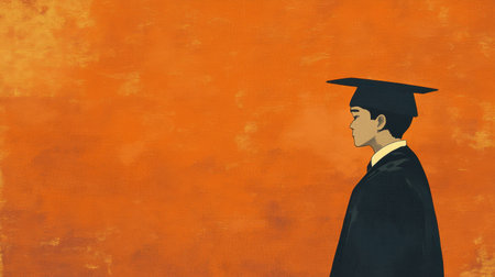 A stunning graduation portrait featuring a young student in a cap and gown, set against a vibrant orange background. Perfect for themes of achievement and aspiration.の素材