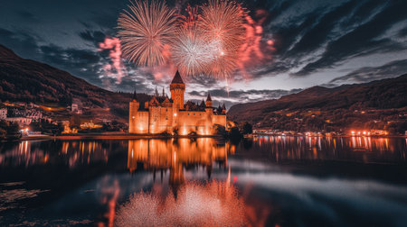 A stunning display of colorful fireworks illuminates a historic castle, perfectly reflected in the calm waters below, capturing a magical night scene.の素材
