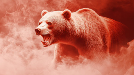 A powerful bear emerges from a swirling mist, displaying fierce energy and strength. Its intense expression captures the raw beauty of wildlife in a dramatic setting.の素材