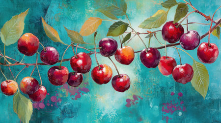 A colorful artwork featuring a branch of cherries with varying shades of red against a bright turquoise background, perfect for enhancing home decor.の素材