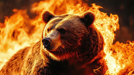 A powerful bear stands majestically against a backdrop of fire, showcasing the fierce beauty of wildlife. The image captures the essence of raw nature.の素材