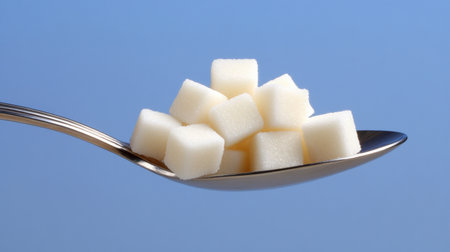 A close-up view of white sugar cubes stacked on a shiny spoon. This minimalist image captures the essence of sweetness and culinary arts against a vibrant blue background.の素材