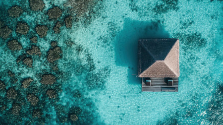 A stunning aerial view of a tranquil overwater bungalow surrounded by vibrant turquoise waters and coral formations, perfect for a tropical escape.の素材